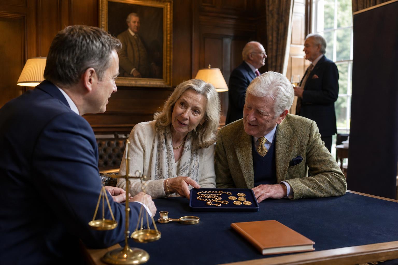 A close-up valuation moment with a Bullion House advisor inspecting jewellery for a club member
