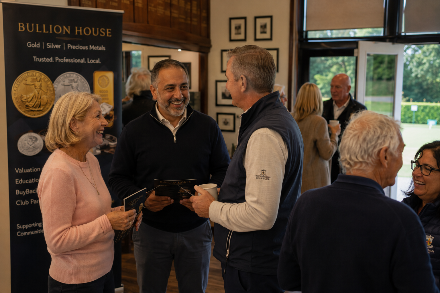 Club members talking with the Bullion House team beside an event banner during a partnership event