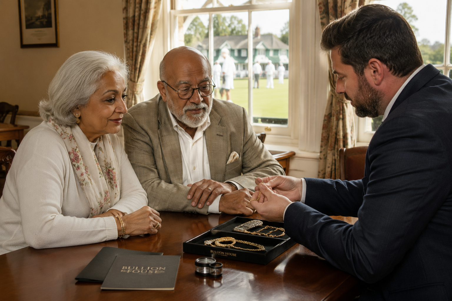 A Bullion House advisor examining jewellery and coins with a club member during a gold valuation appointment